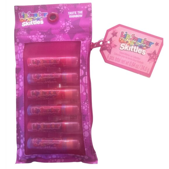 Vintage Bonne Bell Lip Smacker Skittles BUBBLE FONT Lip Balm Set 6pc w/Zip Pouch - Picture 1 of 8